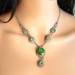 Czech Cannetille Silesian Wirework Green Glass‎ Demi Parure Art Nouveau Necklace